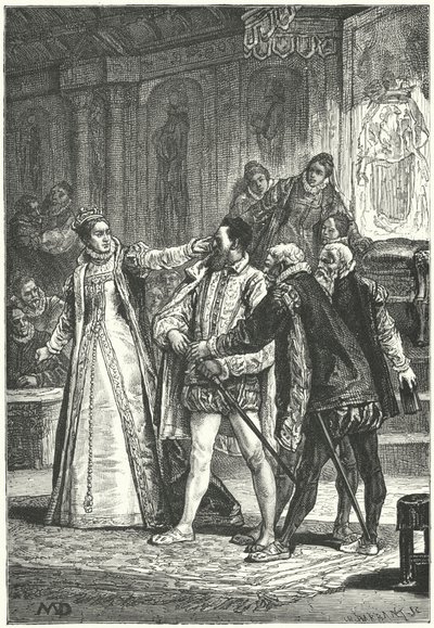 De Graaf van Essex dreigt zijn zwaard te trekken nadat Koningin Elizabeth I hem een klap om het oor gaf voor zijn brutaliteit, 1598 door Diogene Ulysse Napoleon Maillart