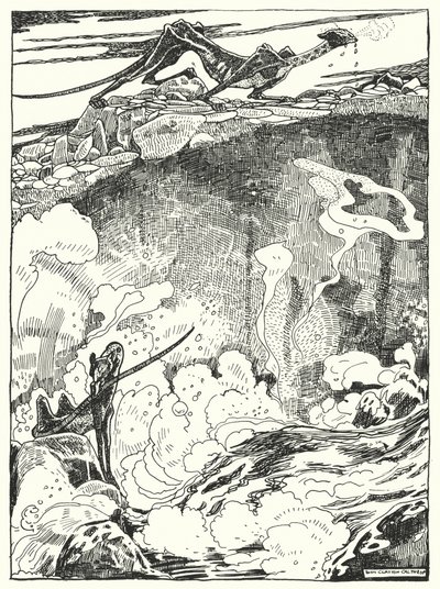"We zagen de drakenwelpen naar het zwembad gaan om te drinken en zichzelf schoon te maken" (gravure) door Dion Clayton Calthrop