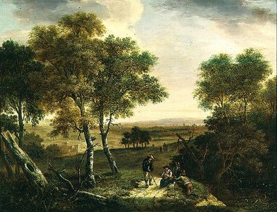 Een uitgestrekt bosrijk landschap met boeren langs een pad, een stad in de verte door Dionys Verburgh