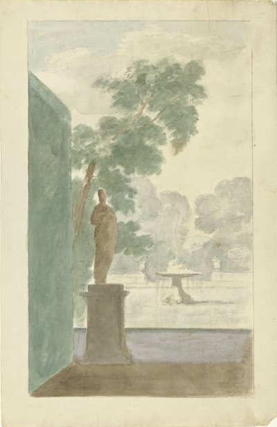 Ontwerp voor een wanddecoratie in een hal: uitzicht op een tuin met een standbeeld, fontein en urnen door Dionys van Nijmegen (possibly)
