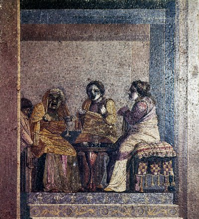 Romeins mozaïek van scène uit toneelstuk met gemaskerde acteurs, Villa van Cicero, Pompeii, ca. 2e eeuw v.Chr. door Dioscurides of Samos