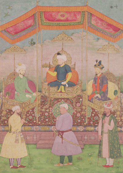 Mughal Keizer Babur en zijn zoon, Humayun, Indiase miniatuur uit Rajasthan, 16e eeuw door Dip Chand