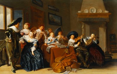 Elegante figuren met instrumenten zittend aan een tafel en een jonge dame die zingt in een interieur, 1637 door Dirck Hals