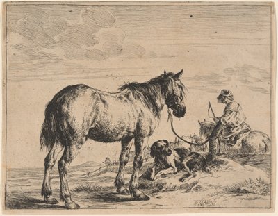 Een Paard Gebonden aan een Paal met een Liggende Hond door Dirck Stoop