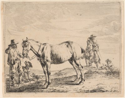 Een man die een paard bij zijn teugel houdt door Dirck Stoop