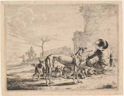 Een zittende man met een roedel honden door Dirck Stoop