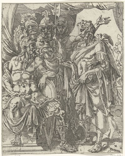 Achior vertelt Holofernes over de Israëlieten door Dirck Volckertsz. Coornhert (attributed to)