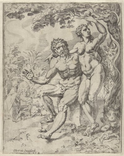Adam en Eva plukken de verboden vrucht door Dirck Volckertsz. Coornhert (attributed to)