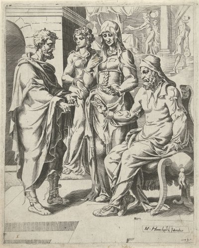Eliëzer vertelt Laban zijn doel door Dirck Volckertsz. Coornhert (attributed to)