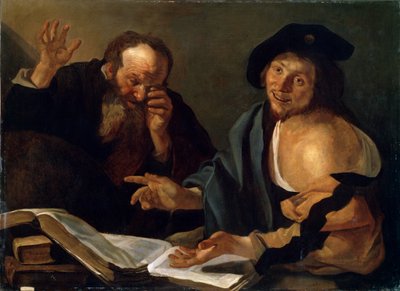 Heraclitus en Democritus, begin 17e eeuw door Dirck van Baburen