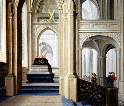 Een kerkinterieur met een koninklijk graf door Dirck van Delen