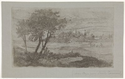 Landschap met bomen op de voorgrond en een ploeg op de akker door Dirk Arnoldus Tavenraat