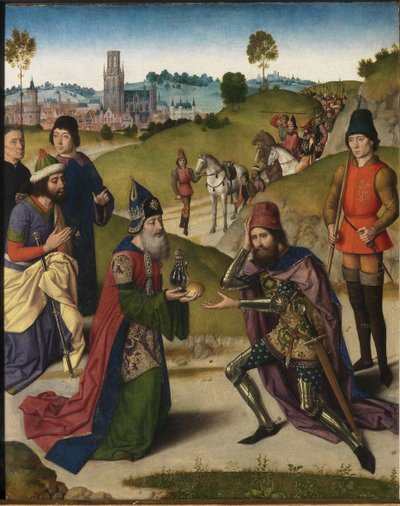 Het Laatste Avondmaal altaarstuk: Ontmoeting van Abraham en Melchizedek linker vleugel, 1464-1468 door Dirk Bouts