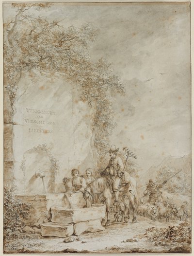 Frontispice voor een Album van Tekeningen: Boeren bij een Fontein (recto) door Dirk Langendijk