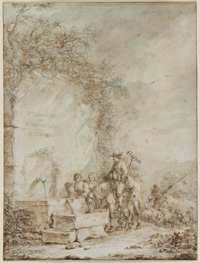 Frontispice voor een Album van Tekeningen: Boeren bij een Fontein, 1784 door Dirk Langendyk