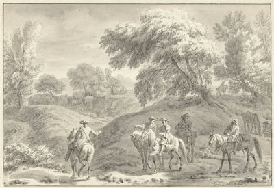 Heuvelachtig landschap met jagers te paard door Dirk Maas