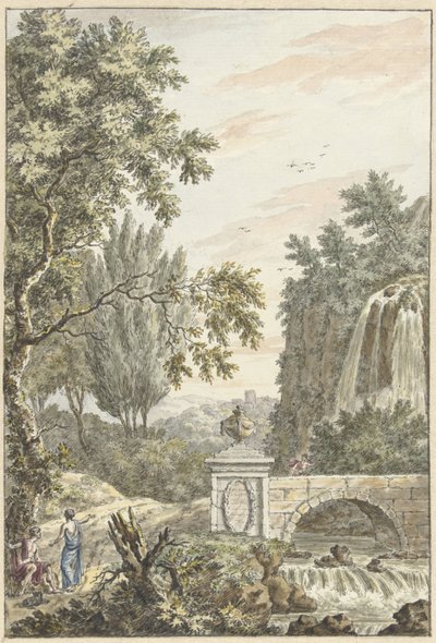 Arcadisch boslandschap met een waterval, een brug en drie jongemannen door Dirk Versteegh