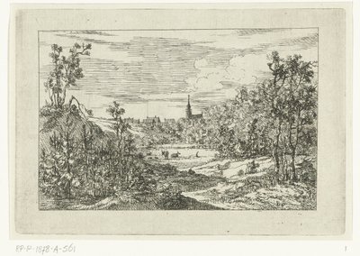 Duinlandschap en gezicht op huizen en kerk van Scheveningen door Dirk Vis Blokhuyzen