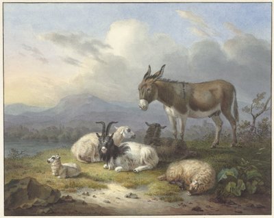 Landschap met ezel, geit en schapen door Dirk van Oosterhoudt