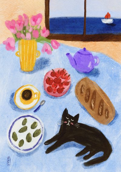 Ontspannend ontbijt met een kat aan zee door Dirkie Nell