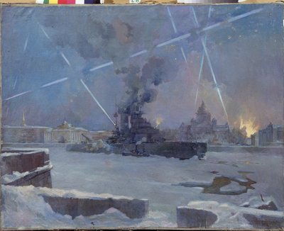 De zware artillerie op de Neva in Leningrad (Sint-Petersburg, Rusland) in 1942. (Een slagschip op de bevroren rivier verdedigt de brandende stad tegen luchtaanvallen tijdens het beleg van Leningrad). Episode uit de Tweede Wereldoorlog (1939-1945) door Dmitri Nikiforovich Martynov