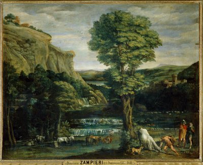 Paysage avec Hercule combattant Achelaos change en toreau - Landschap met Hercules in gevecht met Achelaos veranderd in een stier ... door Domenichino (1581-1641)
