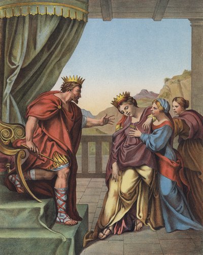 Koning Ahasveros belooft Esther dat hij alles zal toestaan wat ze vraagt door Domenichino