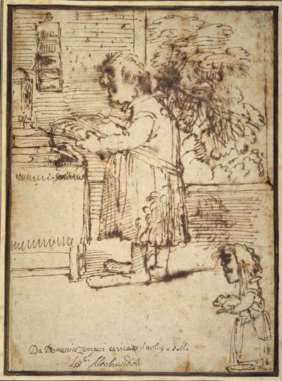 Karikatuur van de Aldobrandini-theoloog, met een vrouwelijke dwerg die haar hond vasthoudt door Domenichino