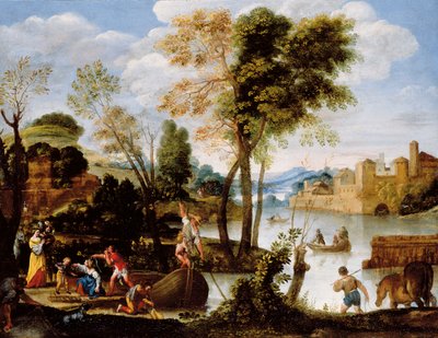 Italiaans rivierlandschap met een roeibootman en een vrouw met een mand krabben door Domenichino