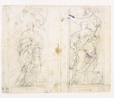 Twee nissen met staande figuren van de heiligen Agatha en Margaretha gekroond door putti door Domenichino