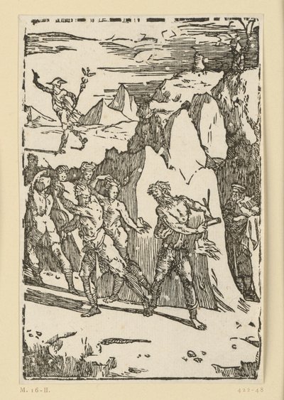 Allegorie van de metaalwinning. De metalen hebben het binnenste van de berg verlaten en slaan op de vlucht wanneer de vulkaan (Hephaistos) hen sommeert hem naar de smederij te volgen. Uit de reeks „De re metallica“. door Domenico Beccafumi