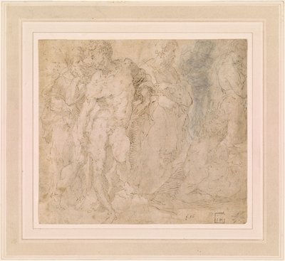 Beccafumi - Staand mannelijk naakt tussen een groep figuren, waarvan één liggend, ca. 1530-1540 door Domenico Beccafumi