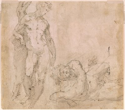 Beccafumi - Verso Mannelijk naakt leunend tegen een boomstam en een liggend mannelijk naakt met achterovergeworpen hoofd, ca. 1530-1540 door Domenico Beccafumi