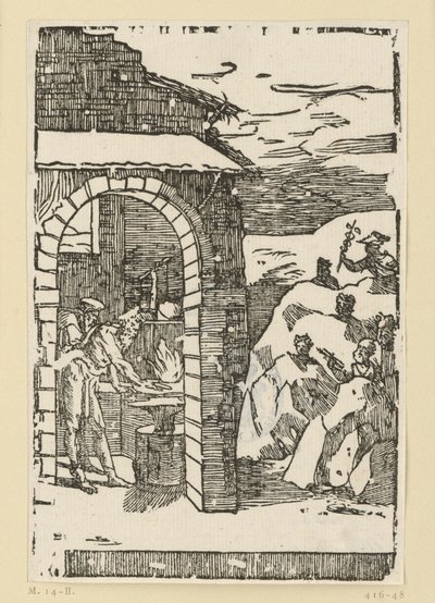 De roep van de metalen. Hephaistos (Vulcanus) en een geleerde staan bij het vuur van een smederij, terwijl buiten in de rotsen de goden (als vertegenwoordigers van de metalen) verborgen zitten: Saturnus (lood), Jupiter (tin), Venus (koper), Luna (zilver),  door Domenico Beccafumi