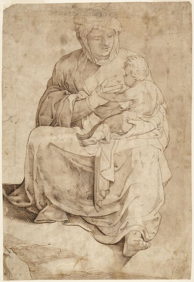 Zittende Madonna die het Kind de borst geeft, afbeelding afkomstig van een ingelegd vloerpaneel in de Dom van Siena door Domenico Beccafumi