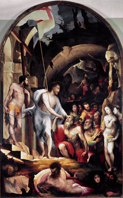 De afdaling van Christus naar het voorgeborchte. Hij houdt een witte banier met een rood kruis, een symbool van de Opstanding door Domenico Beccafumi