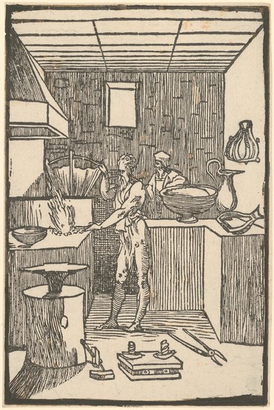 Vulkaan bij de smeltoven tijdens de vervaardiging van kleine voorwerpen, blad 8 van de reeks „De la Pirotechnia“ door Domenico Beccafumi