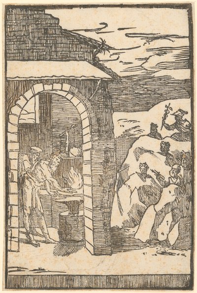 Vulkan en de filosoof (Teoria) werken in de smederij, terwijl buiten de metalen zich in de rotsen verschuilen, blad 1 van de reeks "De la Pirotechnia" door Domenico Beccafumi