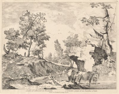 Landschap met herderin en kudde bij een waterplaats door Domenico Bernardo Zilotti