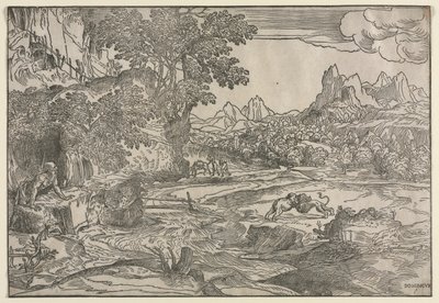Landschap met Sint Hiëronymus en Twee Leeuwen door Domenico Campagnola