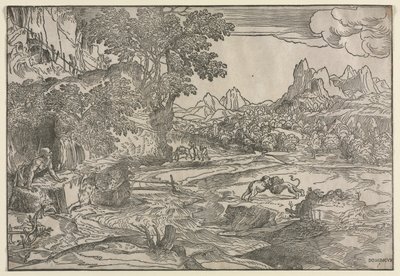 Landschap met Sint Hiëronymus en Twee Leeuwen, ca. 1530-35 door Domenico Campagnola