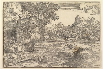 Landschap met Sint Hiëronymus links kijkend naar leeuw en beer vechtend in het midden... door Domenico Campagnola