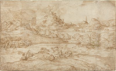 Landschap met Herders die een Wolf Verjagen door Domenico Campagnola