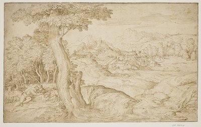Landschap met een stad en een slapende herder door Domenico Campagnola