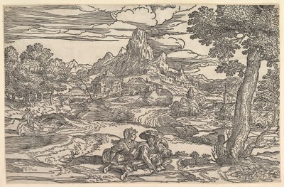 Landschap met een zittende vrouw naast een man die draailier speelt door Domenico Campagnola