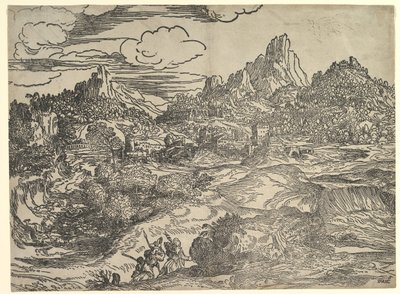 Landschap met Familie die Samen Wandelt op de Voorgrond, links twee Figuren met door Domenico Campagnola