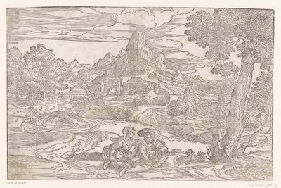 Landschap met koppel met een draailier door Domenico Campagnola