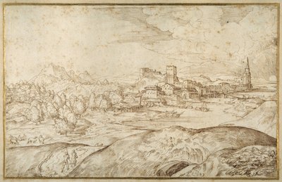 Bergachtig landschap met een rivier en een versterkte stad met een toren met spits door Domenico Campagnola