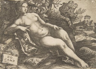 Naakte vrouw Venus liggend in een landschap, 1517 door Domenico Campagnola