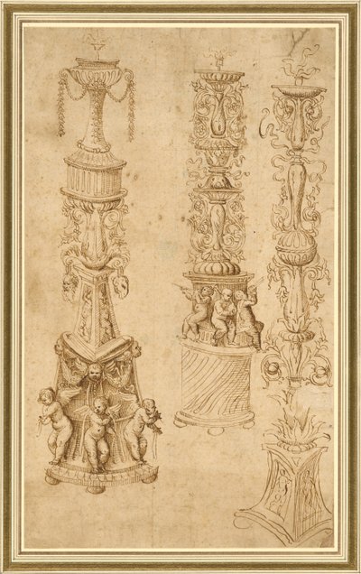 Studies van drie kandelaars door Domenico Campagnola